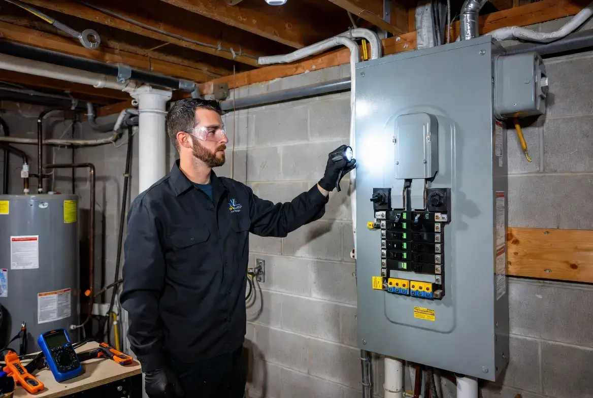 licensed electrician performing electrical panel inspection and safety check in New Jersey home