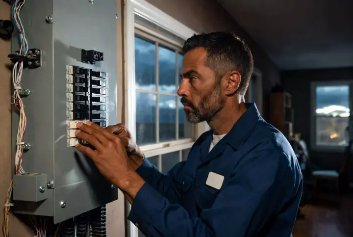 Professional licensed electrician in uniform inspecting a modern electrical panel inside a cozy suburban New Jersey home
