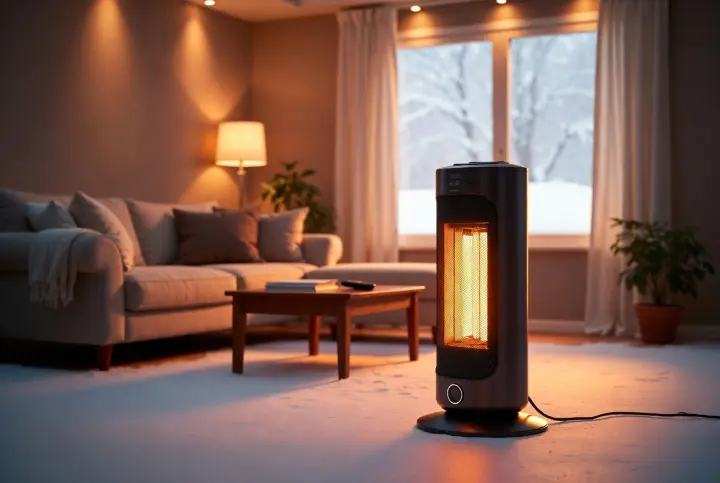 A modern safe space heater being used responsibly on a hard surface with clearance